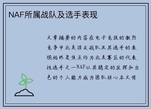 NAF所属战队及选手表现