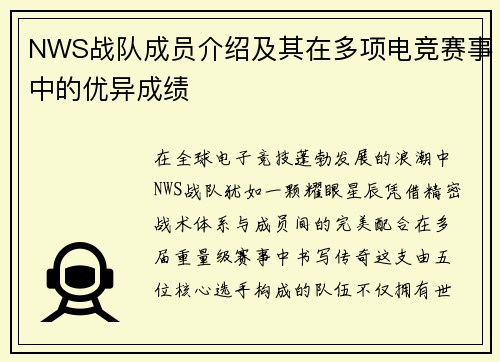 NWS战队成员介绍及其在多项电竞赛事中的优异成绩